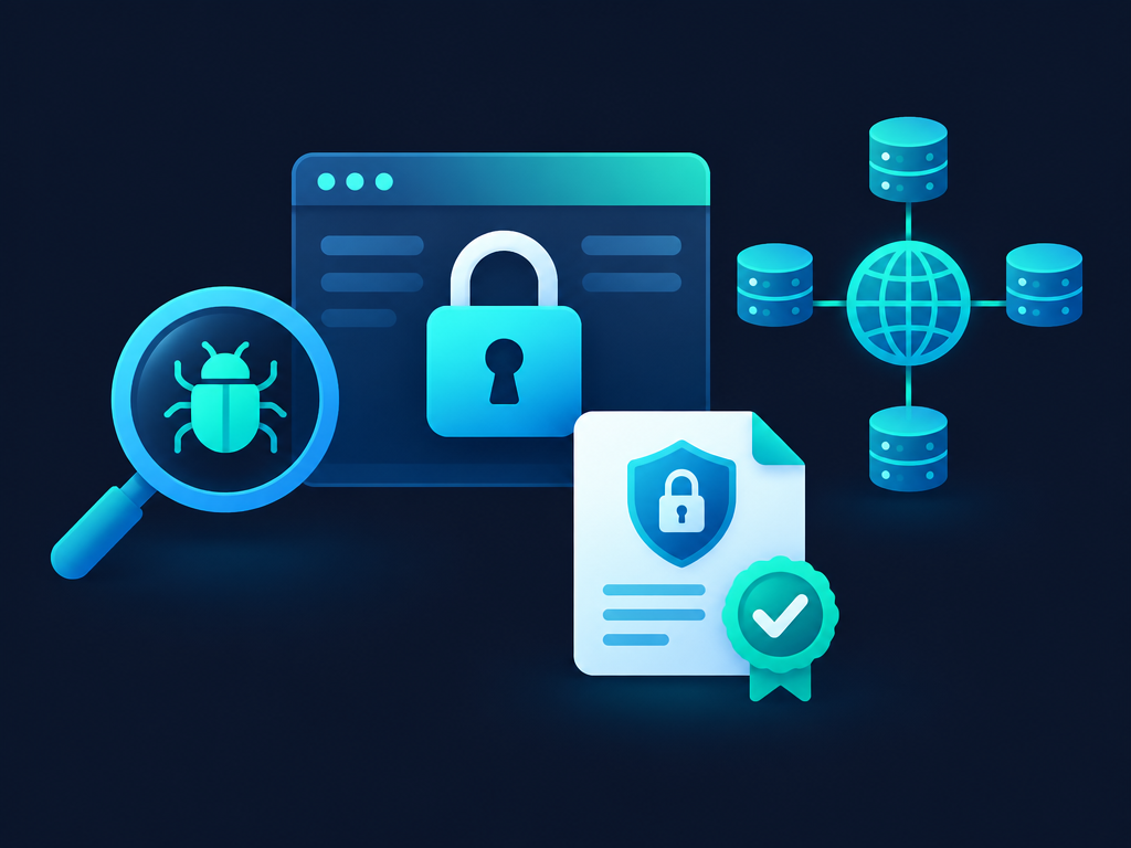 Illustration of security checks: browser lock, certificate, and DNS network