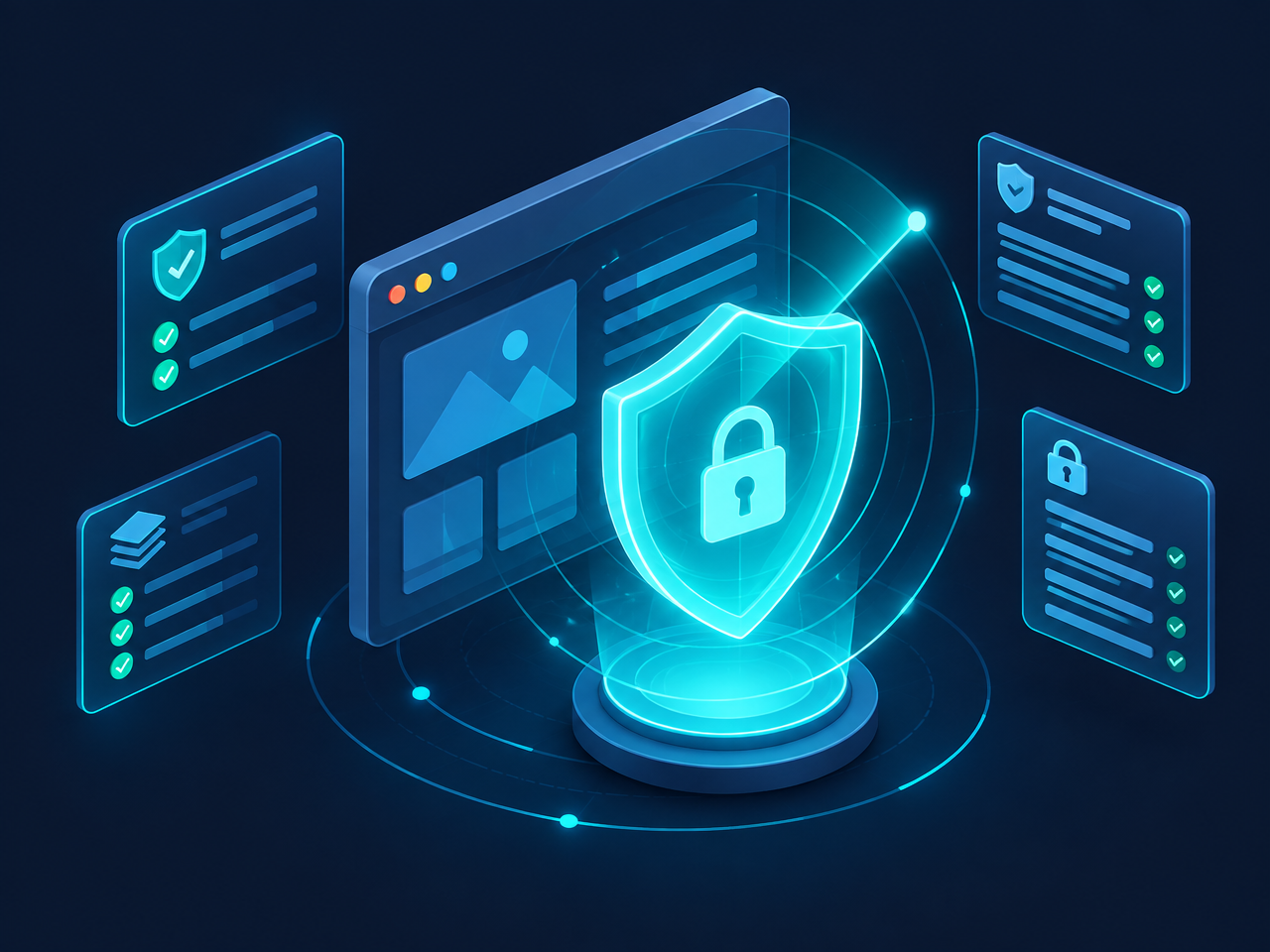 Illustration of SiteShield scanning a website behind a glowing shield